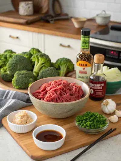 A kitchen table with fresh ingredients for a meal, including ground beef, broccoli, onions, garlic, and sauces.