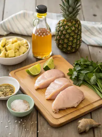 Fresh ingredients for Honey Pineapple Grilled Chicken displayed on a wooden kitchen table.