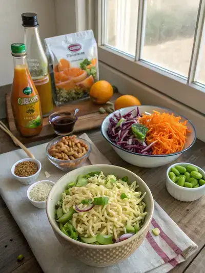 Fresh ingredients for Ramen Salad displayed on a rustic kitchen table, including Ramen noodles, almonds, coleslaw, mandarin oranges, edamame, and scallions.