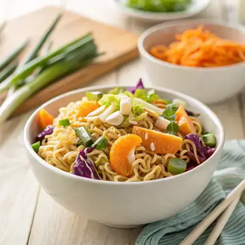 Photorealistic ramen salad with toasted noodles, mandarin, edamame, and coleslaw, illuminated by soft natural light.