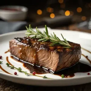Glistening steak slice with balsamic sauce and rosemary on a ceramic plate, emphasizing its caramelized crust and juicy interior.