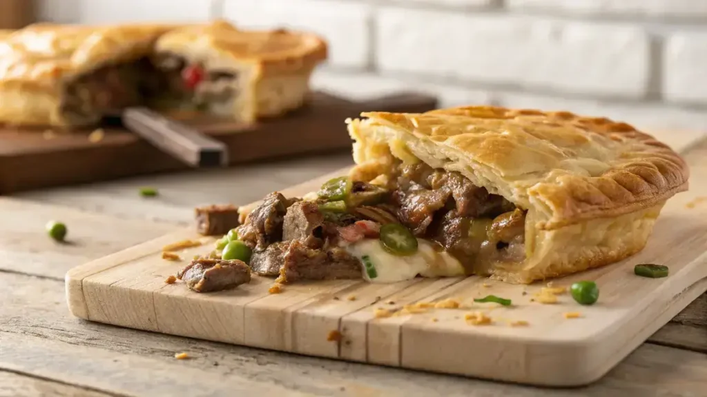 A slice of brisket pot pie on a wooden cutting board, showcasing a flaky crust and rich filling of shredded beef, cheese, and jalapeños.