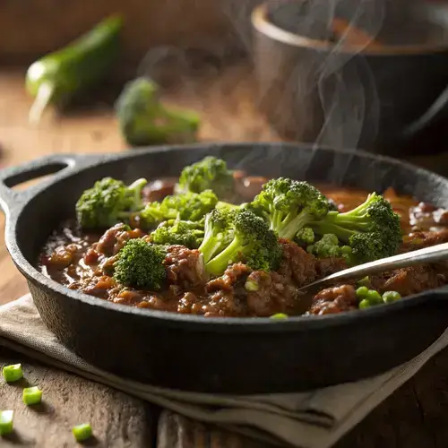 Rustic skillet filled with saucy ground beef and broccoli, with steam and soft lighting.