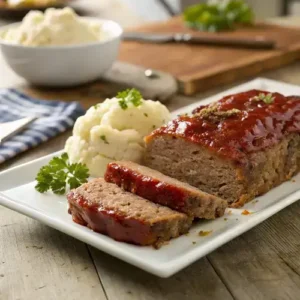 Sliced Stove Top Stuffing Meatloaf on a plate with mashed potatoes and parsley, captured in warm kitchen lighting.