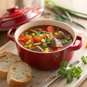 Steaming vegetable and beef soup in a red pot on a wooden table, with artisanal bread and fresh parsley, captured in soft natural light.