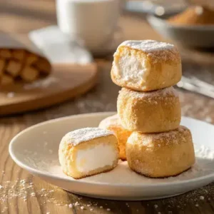 Stack of deep-fried marshmallow balls on a ceramic plate, highlighting their crispy texture and warm, inviting appearance.