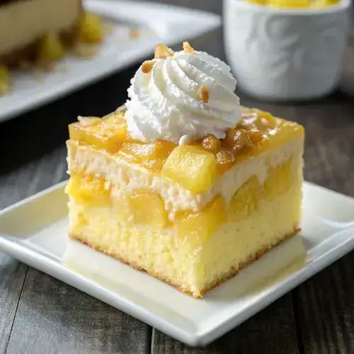 A single slice of Juicy Pineapple Heaven Cake with whipped cream and pineapple chunks, set against a blurred dark countertop.