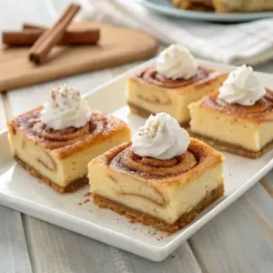 Close-up of layered Ooey-Gooey Cinnamon Roll Cheesecake Bars with whipped cream and cinnamon sugar on a white plate.