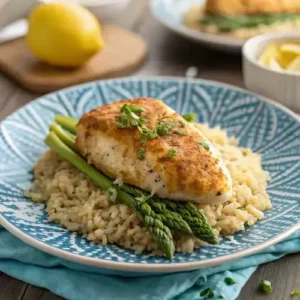 Close-up of a stuffed chicken fillet with asparagus on a decorative plate.