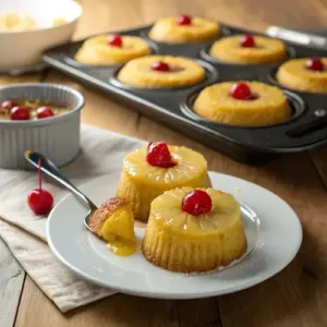 Freshly baked pineapple upside down cupcakes on a glossy plate with a dark muffin tin in the background.