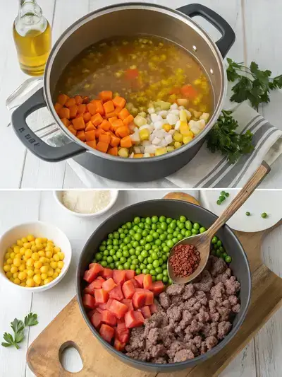Step-by-step preparation of cozy soup, featuring ingredients and cooking process in a divided image.