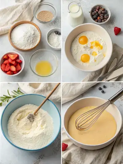 Step-by-step process of making fluffy pancakes, showing dry and wet ingredients, mixing, and cooking pancakes in a skillet.