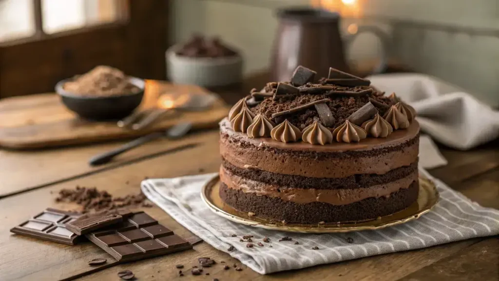 A decadent Hershey's Chocolate Cake with rich chocolate frosting and shavings on top.
