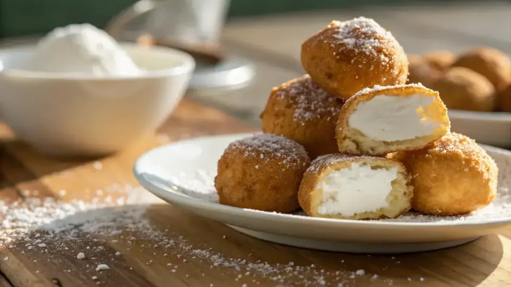Close-up of golden-brown deep-fried marshmallow balls on a white plate with powdered sugar, showcasing a gooey interior.