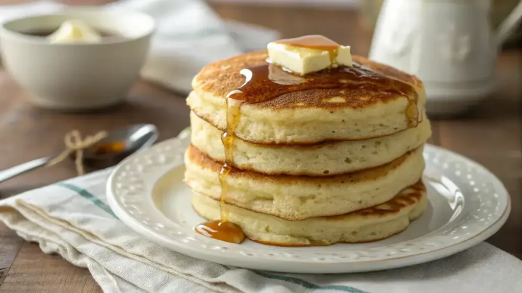 A stack of fluffy pancakes with melting butter and maple syrup on a white plate.