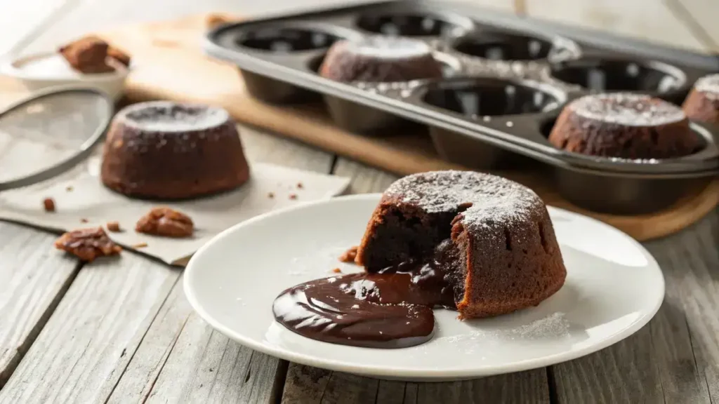 Close-up of mini lava cakes in a muffin pan with one cut open, revealing molten chocolate, served with vanilla ice cream and chocolate syrup.