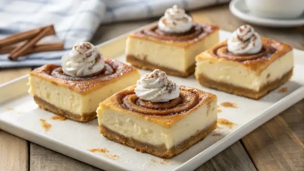 Four golden-brown Ooey-Gooey Cinnamon Roll Cheesecake Bars on a white plate, showcasing layers of crust, cheesecake, and cinnamon swirl.