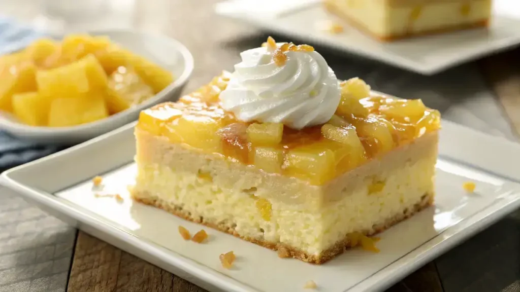 Close-up of a slice of Juicy Pineapple Heaven Cake on a white plate, showcasing its golden sponge, creamy layers, and vibrant pineapple topping.