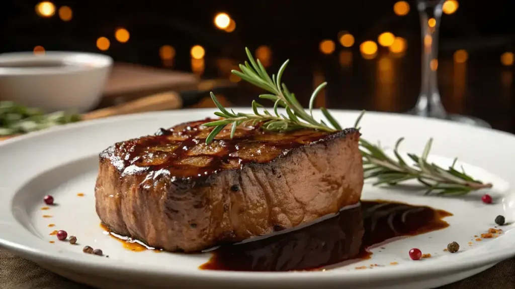 Close-up of a juicy steak slice with balsamic glaze and rosemary on a white plate, showcasing its tender texture and sear marks.