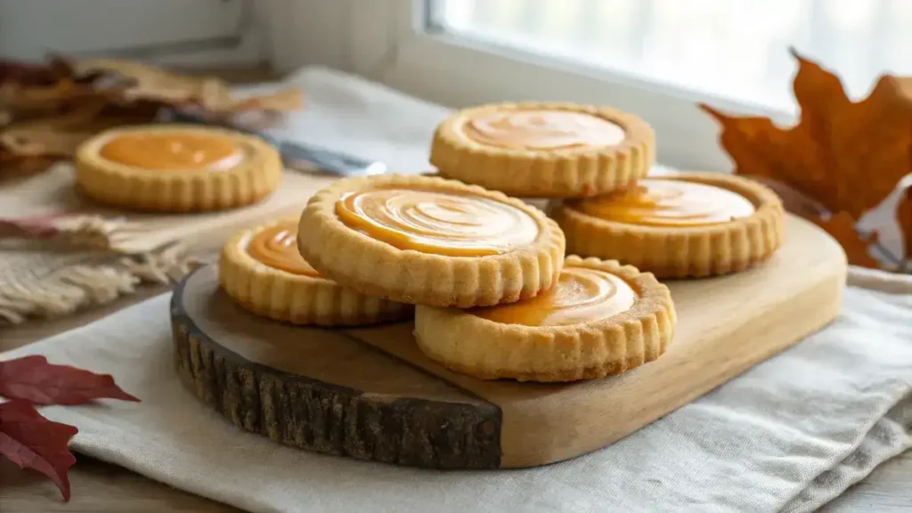 Close-up of golden-brown sweet potato pie cheesecake cookies stacked on a wooden board, showcasing creamy orange filling and pale cheesecake swirl.