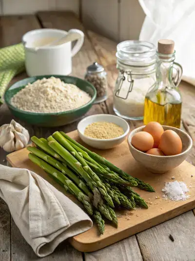Fresh ingredients for Asparagus Fries displayed on a wooden kitchen table.