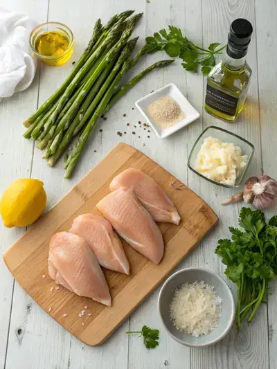 Ingredients for Asparagus Stuffed Chicken Breast displayed on a wooden kitchen table.
