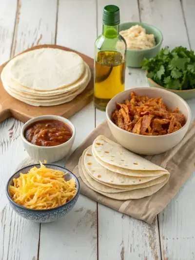 Ingredients for BBQ Chicken Quesadillas displayed on a kitchen table.