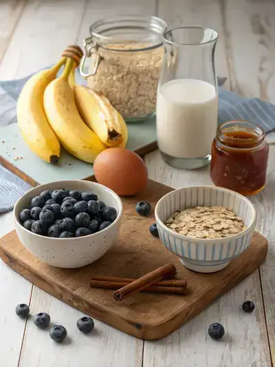 Ingredients for Banana Blueberry Baked Oatmeal including bananas, blueberries, oats, milk, an egg, cinnamon, and honey on a wooden countertop.