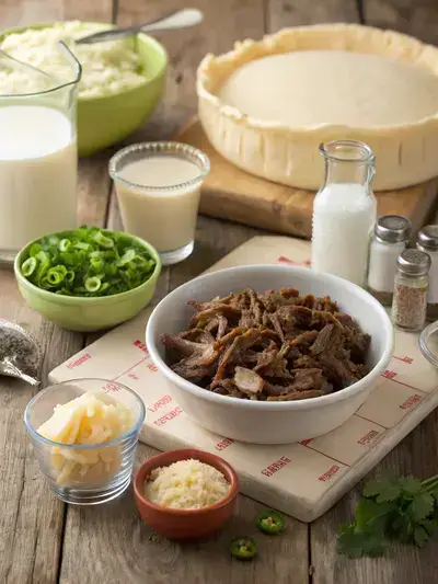 A collection of fresh ingredients for Brisket Pot Pie displayed on a wooden kitchen table, including brisket, vegetables, and pastry.