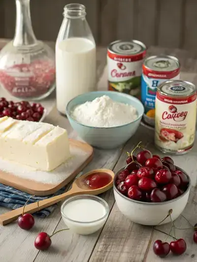 Ingredients for Cherries in the Snow dessert displayed on a rustic kitchen table, including cream cheese, powdered sugar, milk, vanilla extract, whipped topping, angel food cake, and cherry pie filling.