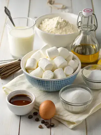 Ingredients for Deep Fried Marshmallows displayed on a kitchen table, including marshmallows, pancake mix, milk, egg, vanilla extract, and toppings.
