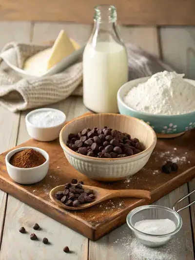 Ingredients for lava cake displayed on a wooden kitchen table, including chocolate chips, milk, sugar, cocoa powder, and more.