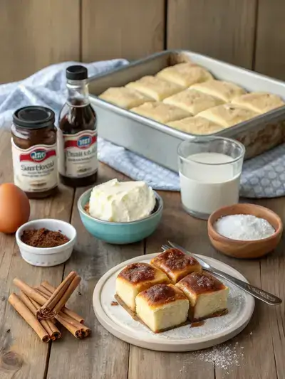 Ingredients for Ooey-Gooey Cinnamon Roll Cheesecake Bars displayed on a wooden kitchen table, including cinnamon roll dough, cream cheese, powdered sugar, vanilla extract, whipped topping, and cinnamon sugar.