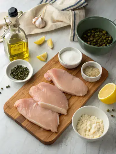 Ingredients for Easy Chicken Piccata arranged on a kitchen table, including chicken cutlets, flour, olive oil, garlic, chicken broth, heavy cream, capers, lemon, and parsley.