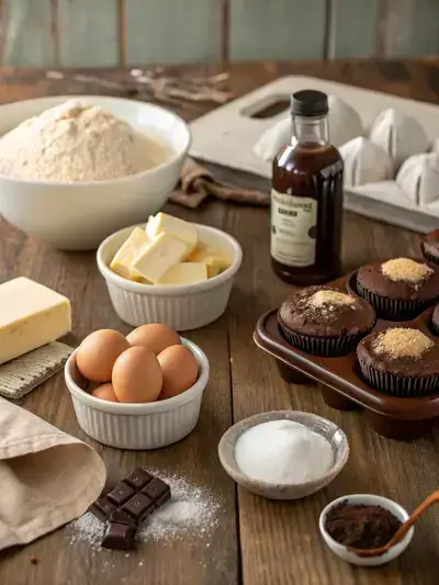 Ingredients for Hostess Cupcake Cookies arranged on a rustic kitchen table.