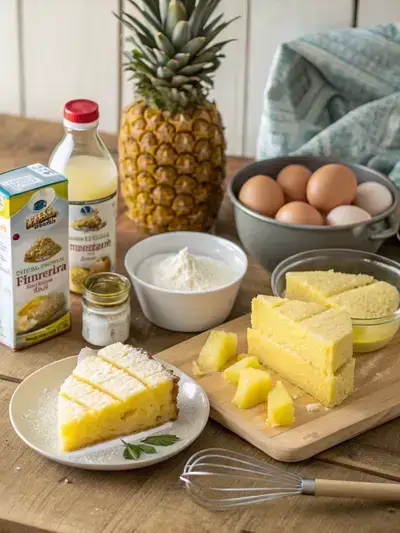 Ingredients for Juicy Pineapple Heaven Cake displayed on a wooden kitchen table, including cake mix, crushed pineapple, eggs, vegetable oil, whipped topping, and pudding mix.