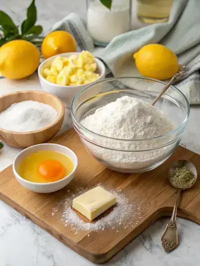 Fresh ingredients for Lemon Cooler Cookies displayed on a kitchen table, including sugar, lemon zest, butter, egg yolk, flour, cornstarch, lemon juice, powdered sugar, and Kool-Aid powder.