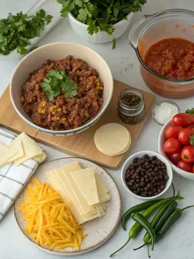Ingredients for Mexican lasagna displayed on a kitchen table, including ground beef, onions, spices, tortillas, salsa, and cheese.