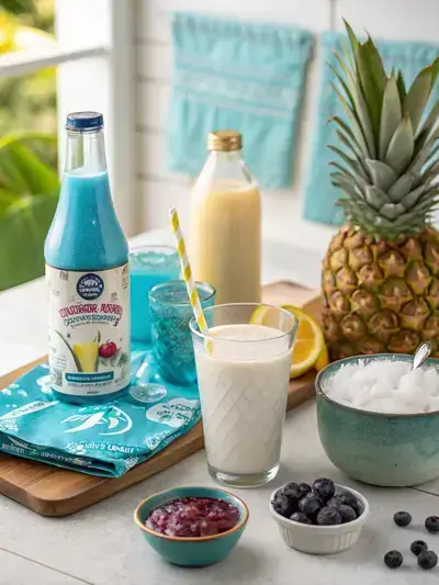 Ingredients for Ocean Love Colada including coconut milk, blue raspberry syrup, pineapple juice, coconut cream, crushed ice, and blueberry puree on a sunlit kitchen counter.