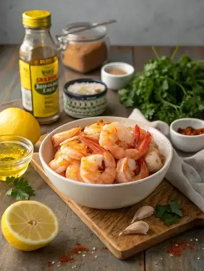 Ingredients for Old Bay shrimp displayed on a rustic kitchen table, including shrimp, olive oil, butter, seasoning, garlic powder, lemon juice, parsley, and lemon wedges.