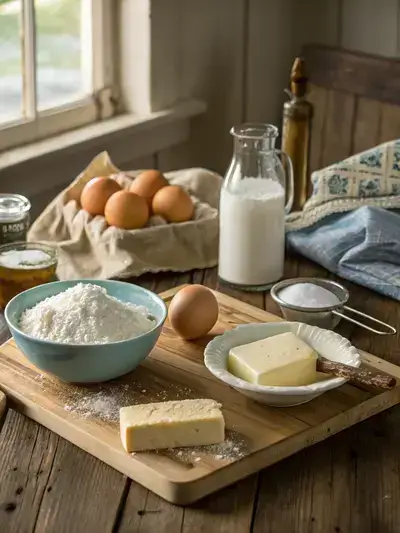 Ingredients for Old Fashioned Southern Tea Cakes arranged on a rustic kitchen table.
