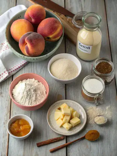Ingredients for Peach Cobbler Cookies displayed on a rustic kitchen table.