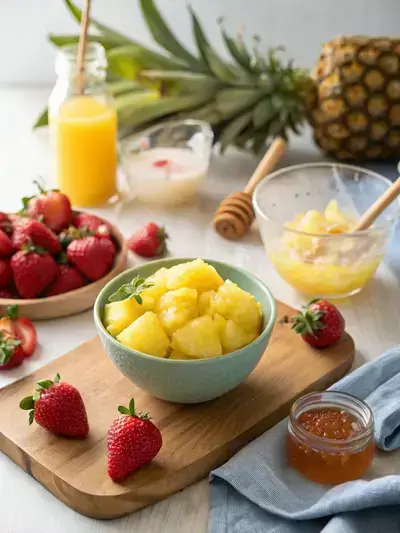 A kitchen table displaying ingredients for Pineapple Strawberry Swirled Slushies, including pineapple chunks, strawberries, pineapple juice, and honey.