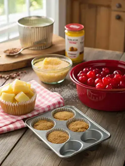 Ingredients for Pineapple Upside Down Cupcakes displayed on a wooden kitchen table.