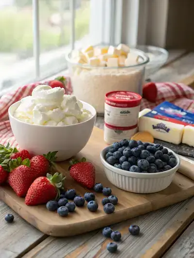 Ingredients for Red White And Blue Cheesecake Salad displayed on a wooden table, including whipped topping, cheesecake pudding, vanilla yogurt, strawberries, blueberries, and mini marshmallows.