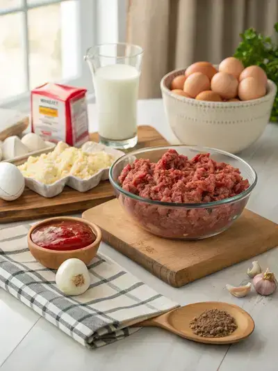 Ingredients for Stove Top Stuffing Meatloaf displayed on a kitchen table, including ground beef, stuffing mix, ketchup, milk, garlic, and eggs.