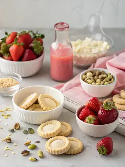 A kitchen table filled with ingredients for Strawberry Rose Tarts, including crushed cookies, melted butter, pistachios, white chocolate chips, rose water, freeze-dried strawberries, fresh strawberries, and strawberry jelly.
