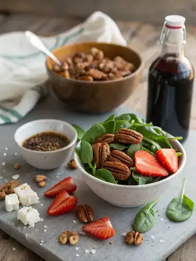 Ingredients for a Strawberry Spinach Salad displayed on a rustic kitchen table, including spinach, strawberries, caramelized pecans, goat cheese, and balsamic vinaigrette.