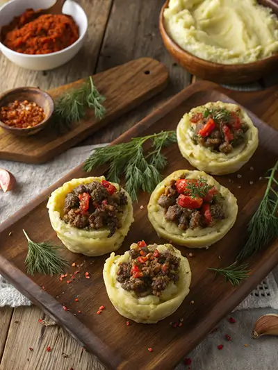 A realistic kitchen scene showing ingredients for Stuffed Mashed Potato Nests including