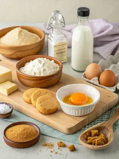 Ingredients for Sweet Potato Pie Cheesecake Cookies arranged on a kitchen table, including butter, sugars, eggs, flour, and baking essentials.